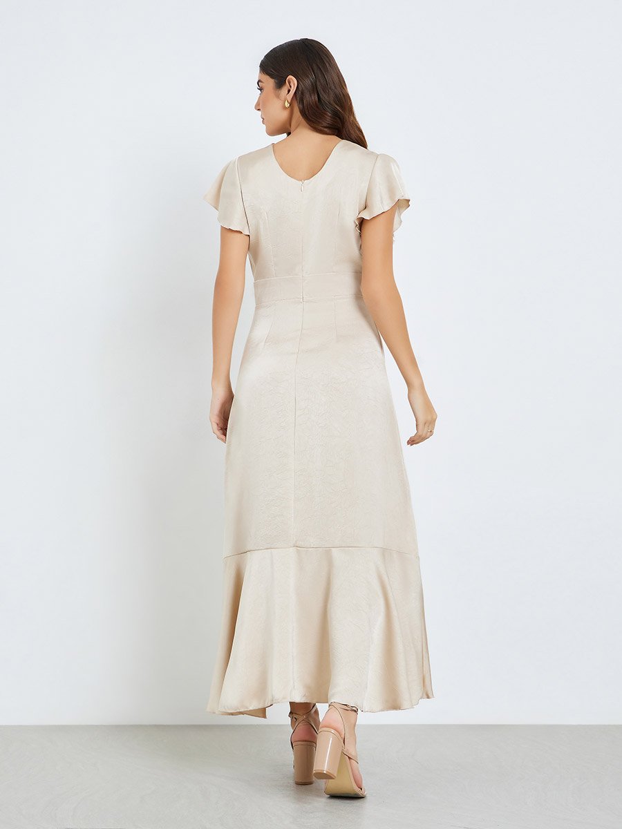 Women Cream Satin Wrap Maxi Dress For Women at Bahrain | Styli