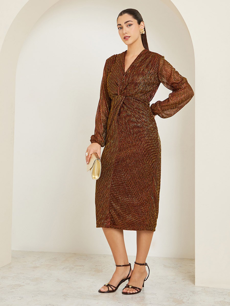Brown Plisse Textured Long Sleeve Midi Dress For Women at Kuwait | Styli