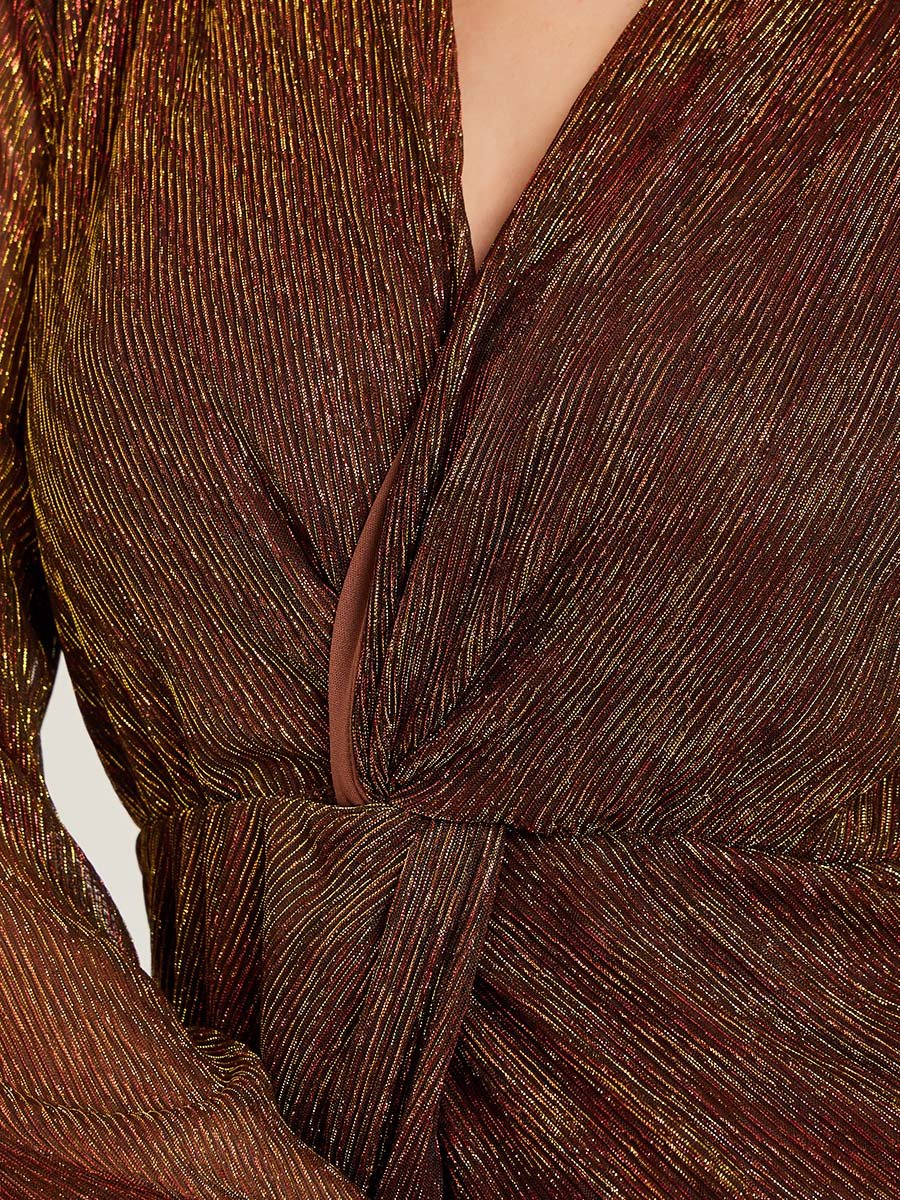 Brown Plisse Textured Long Sleeve Midi Dress