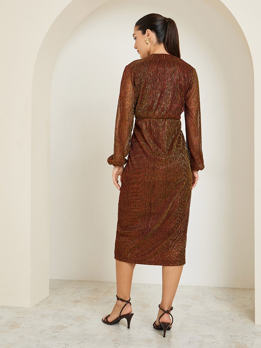 Brown Plisse Textured Long Sleeve Midi Dress