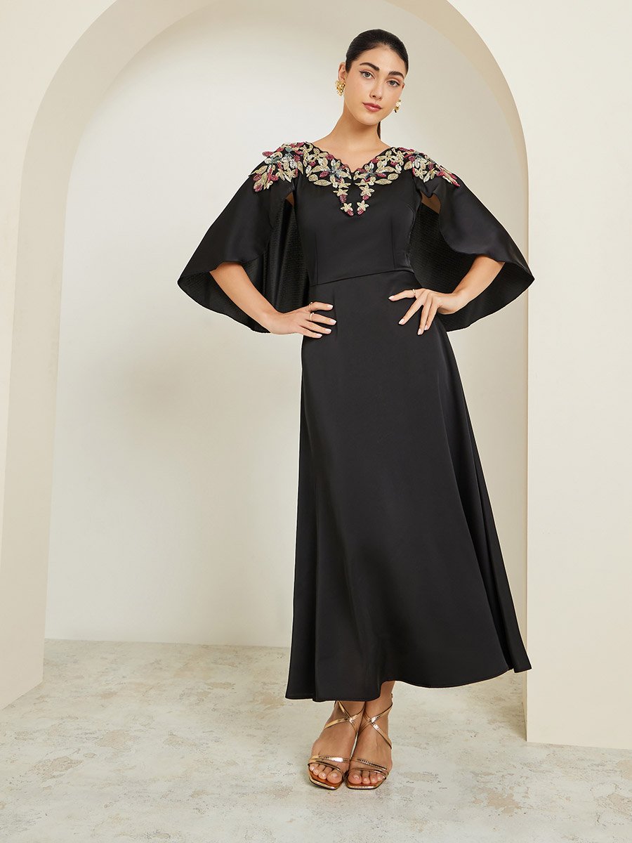 Black Embellished Cape Sleeve A-Line Maxi Dress For Women at Kuwait | Styli