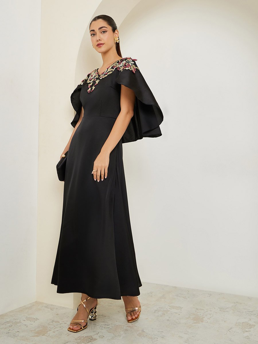 Black Embellished Cape Sleeve A-Line Maxi Dress