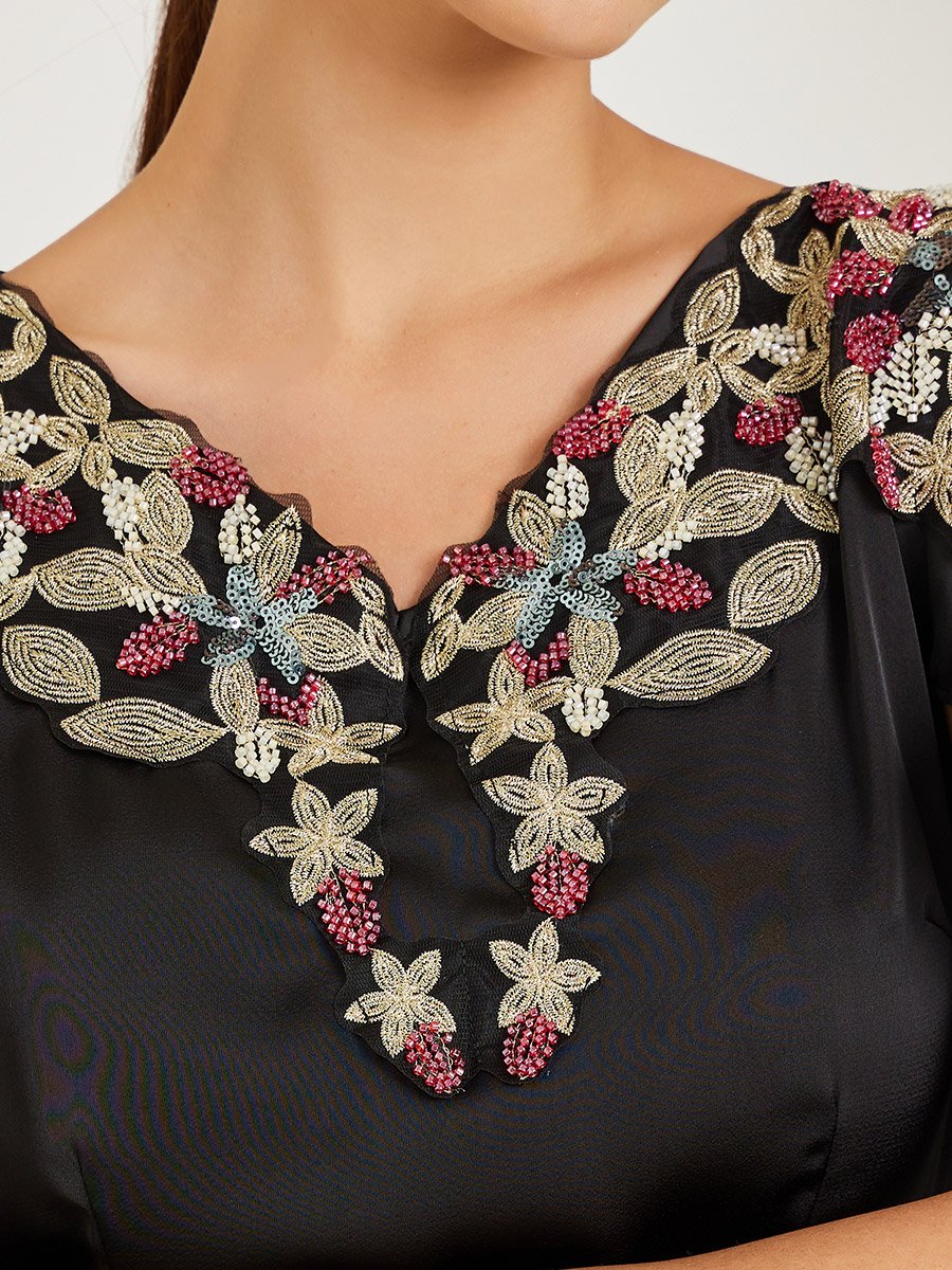 Black Embellished Cape Sleeve A-Line Maxi Dress
