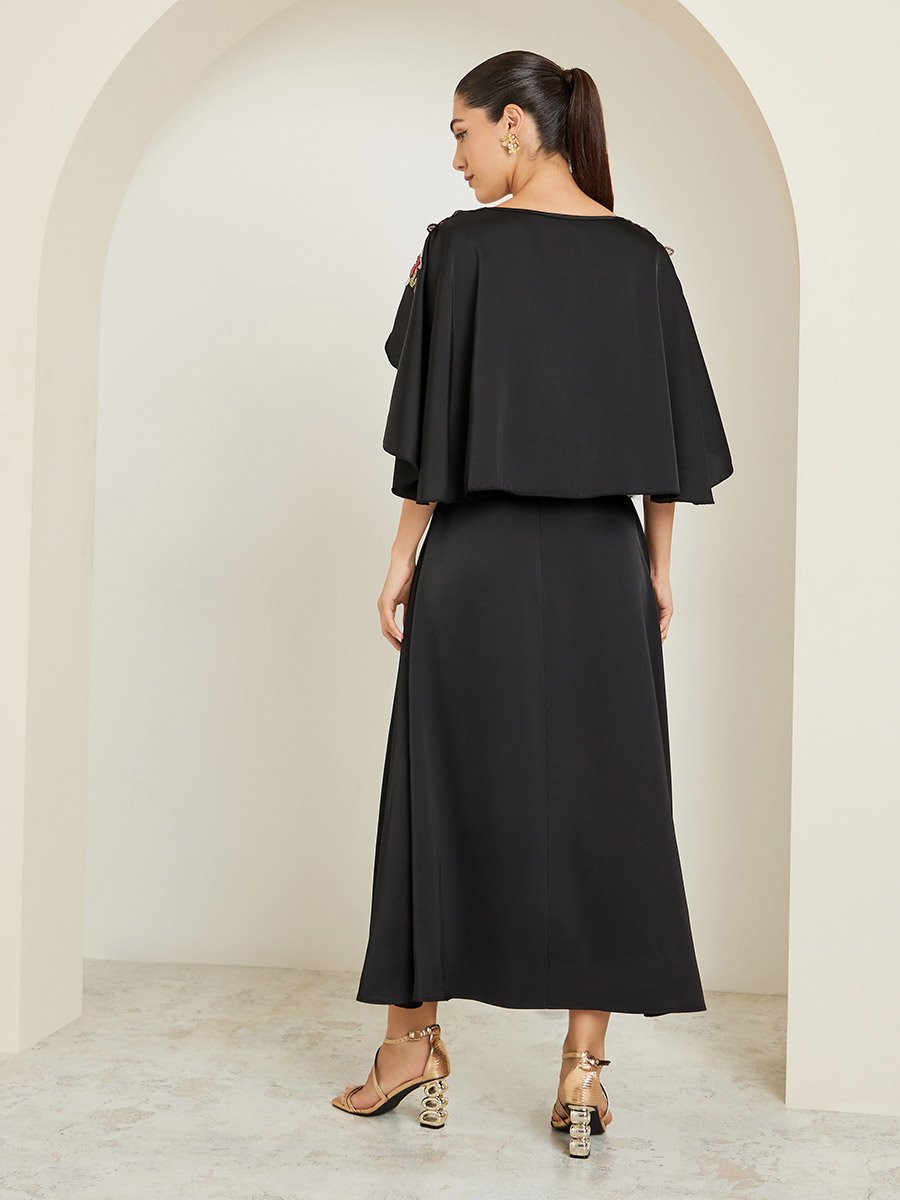 Black Embellished Cape Sleeve A-Line Maxi Dress