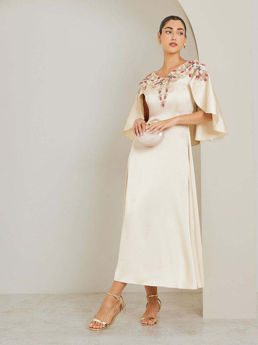 Cream Embellished Cape Sleeve Sheath Maxi Dress For Women at UAE | Styli
