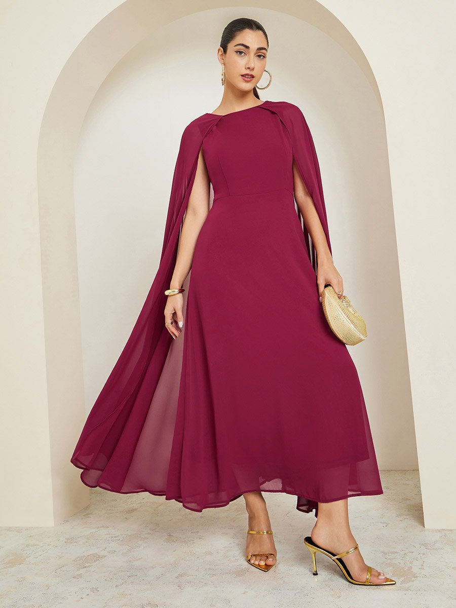 Red Cape Sleeve A-Line Maxi Dress