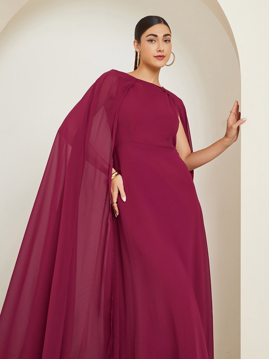 Red Cape Sleeve A-Line Maxi Dress