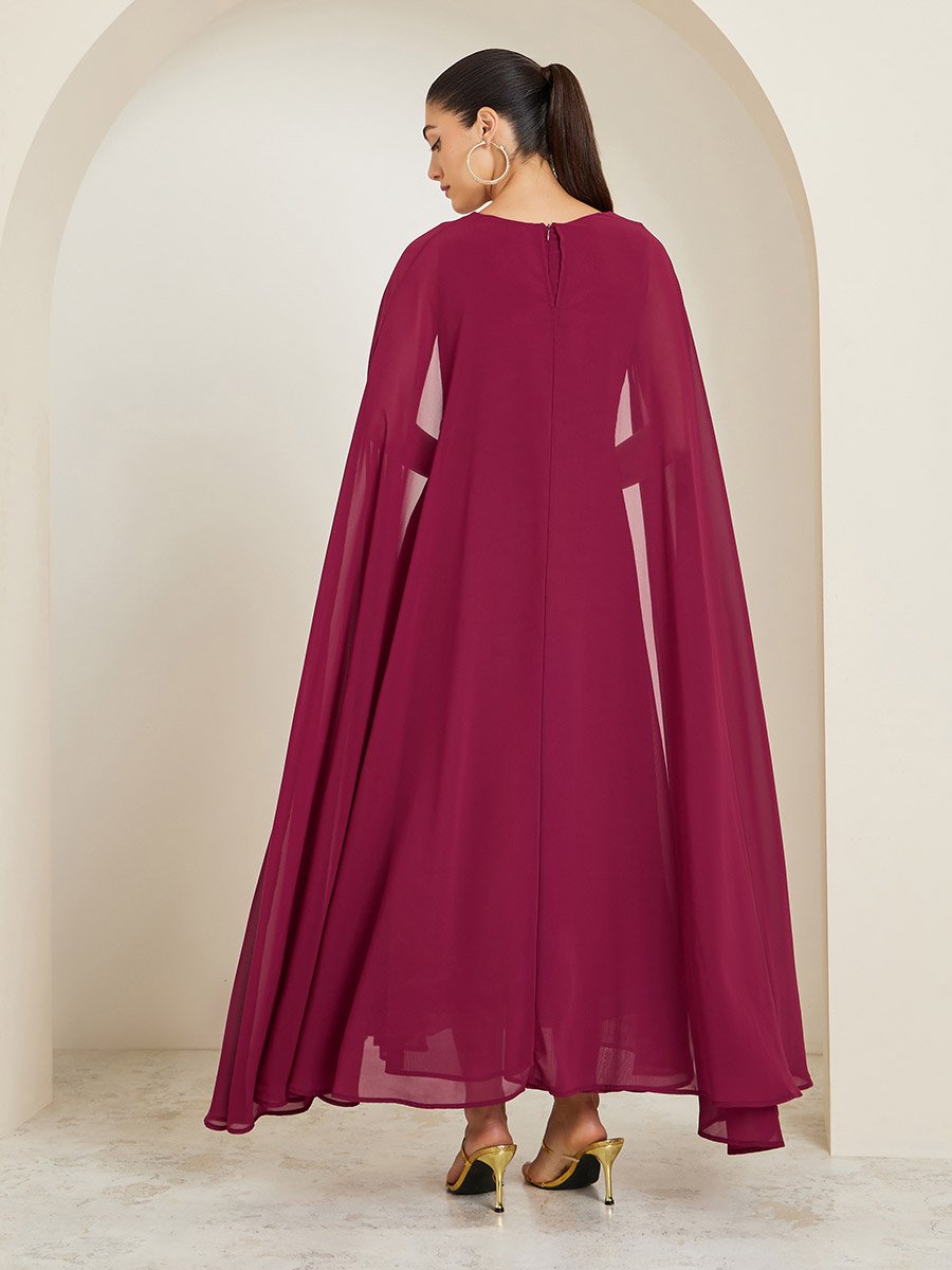 Red Cape Sleeve A-Line Maxi Dress