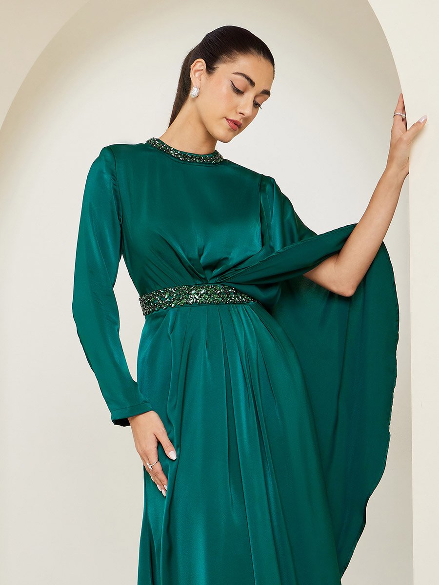 chinese dress ladies Crew Neckline With Removable Cape Sleeves Detail Long Jacquard Dress  John  Paul Ataker