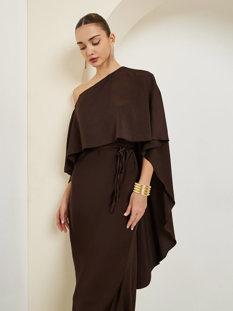 Brown One Shoulder Cape Detail Midi Dress For Women at Bahrain | Styli