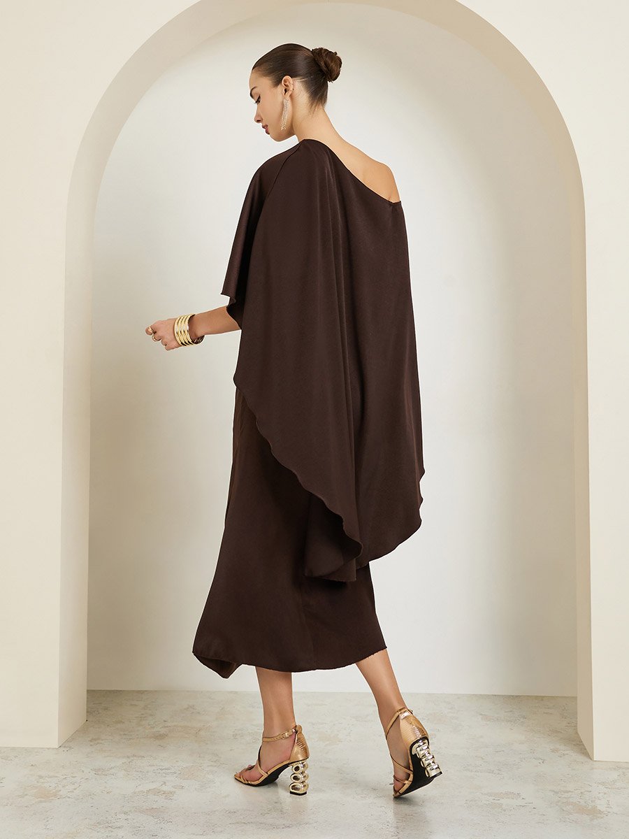 Brown One Shoulder Cape Detail Midi Dress For Women at Bahrain | Styli