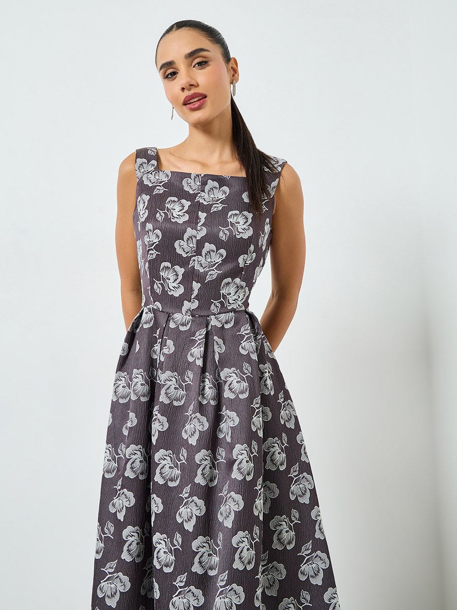 Grey Floral Jacquard Sleeveless Maxi Dress