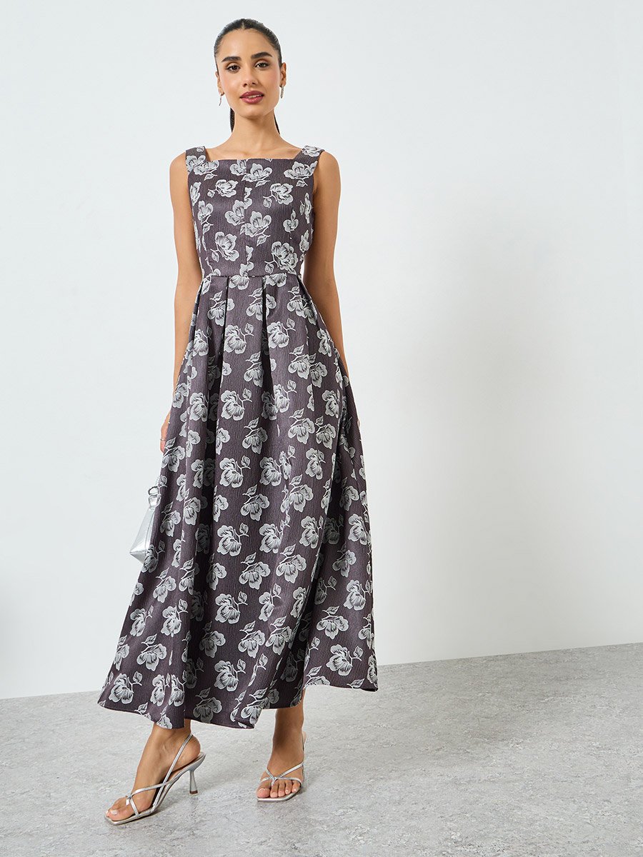 Grey Floral Jacquard Sleeveless Maxi Dress
