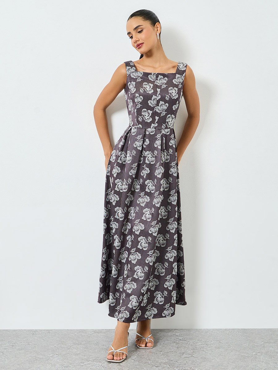 Grey Floral Jacquard Sleeveless Maxi Dress