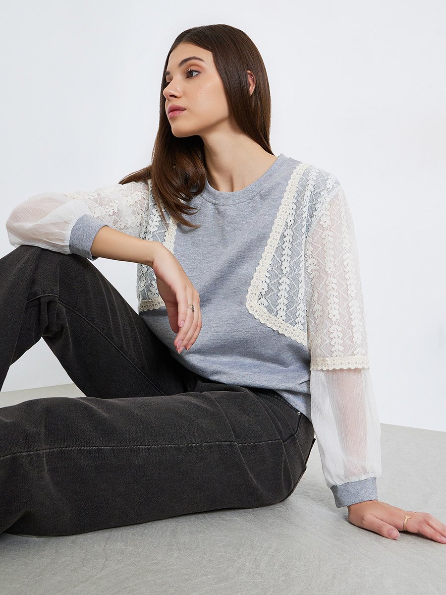 Women Lace Paneled Long Sleeve Blouse