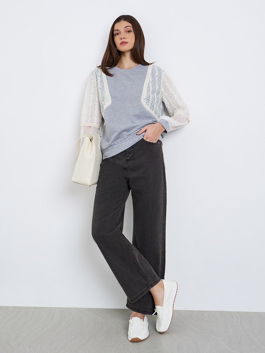 Women Lace Paneled Long Sleeve Blouse