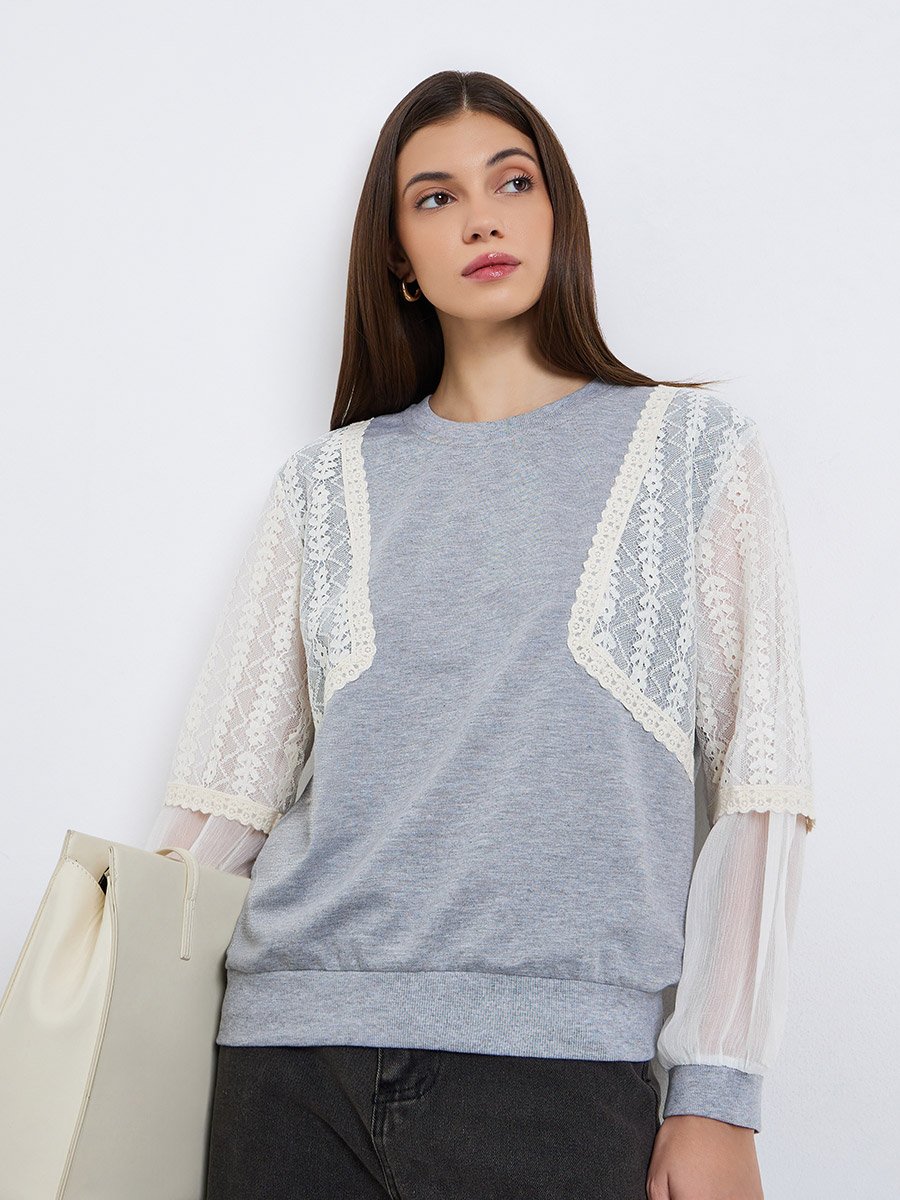Women Lace Paneled Long Sleeve Blouse