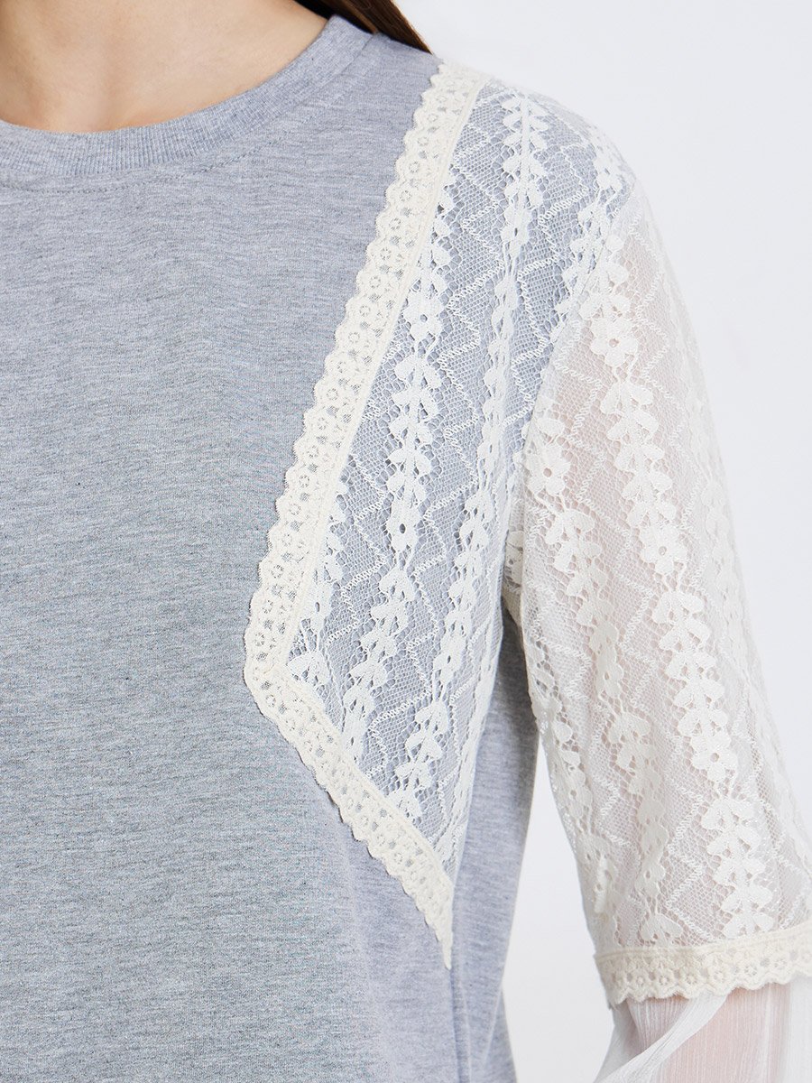 Women Lace Paneled Long Sleeve Blouse