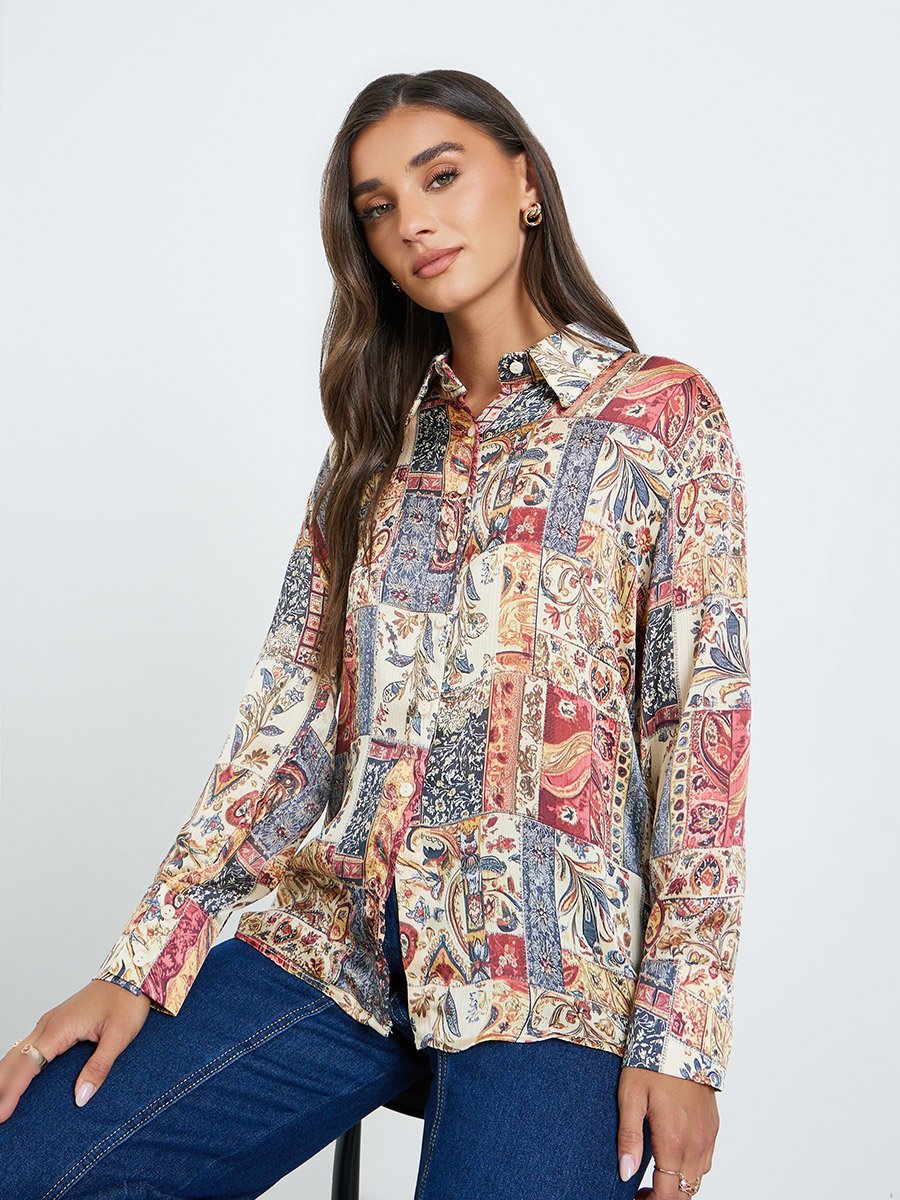Women Satin Printed Button Down Blouse
