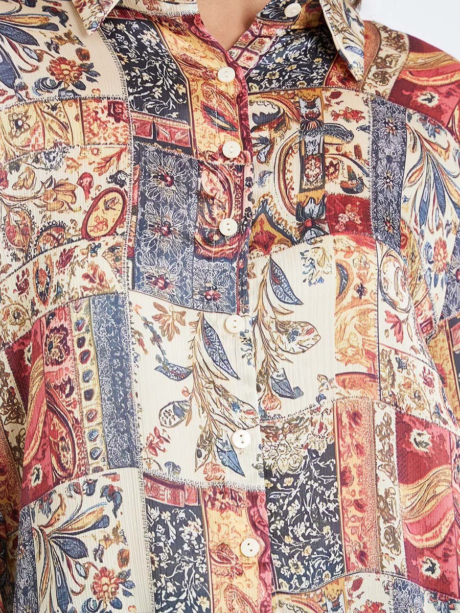 Women Satin Printed Button Down Blouse