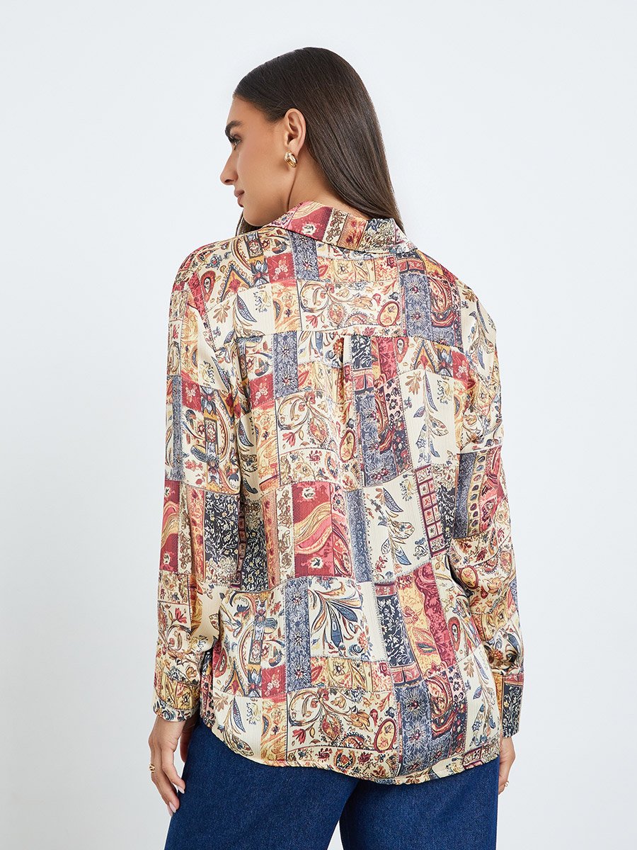 Women Satin Printed Button Down Blouse