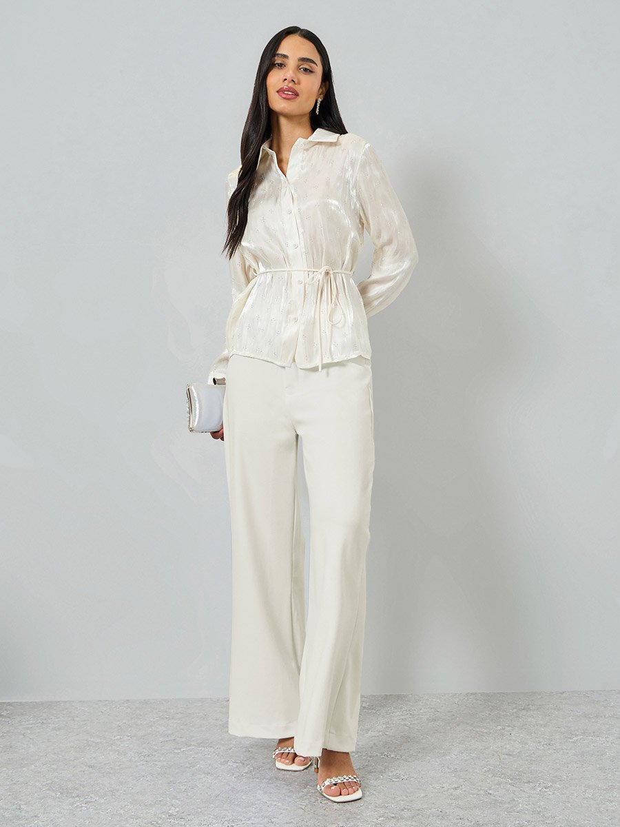 Off White Waist-Tie Embellished Shirt