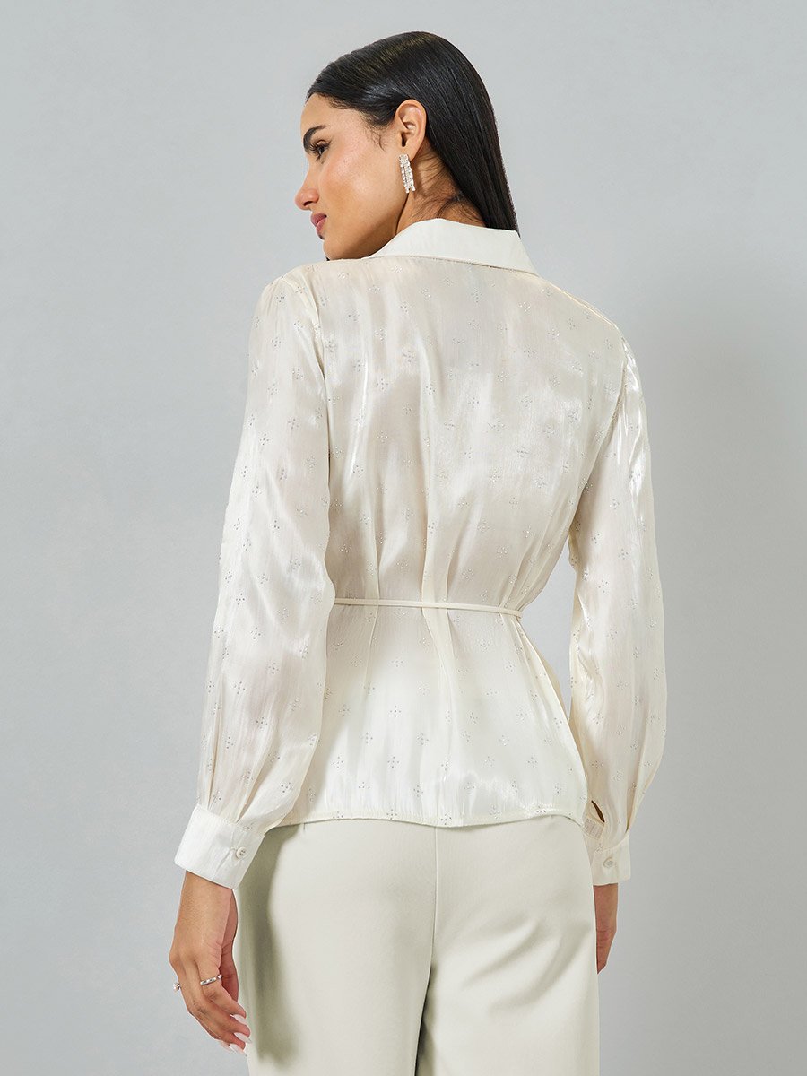 Off White Waist-Tie Embellished Shirt