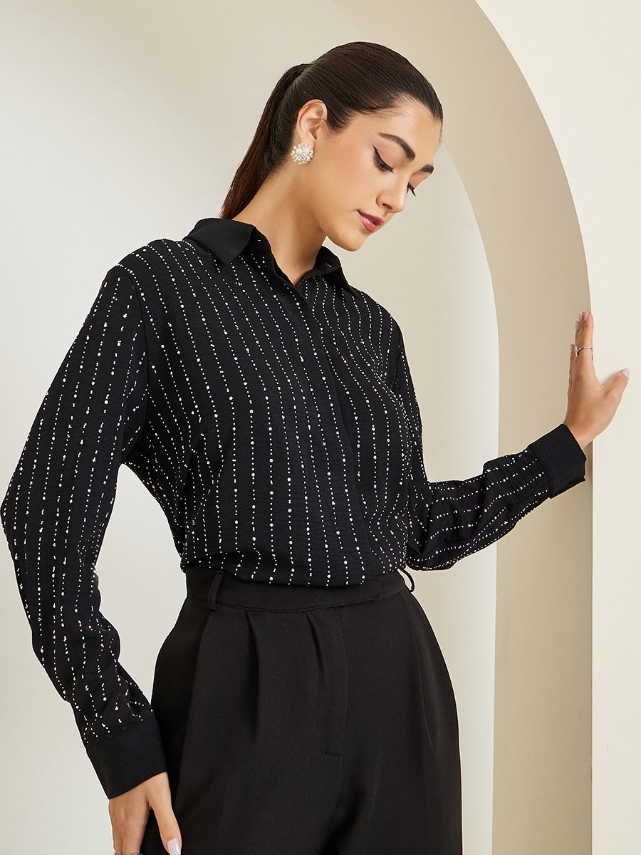 Black Embellished Long Sleeve Shirt