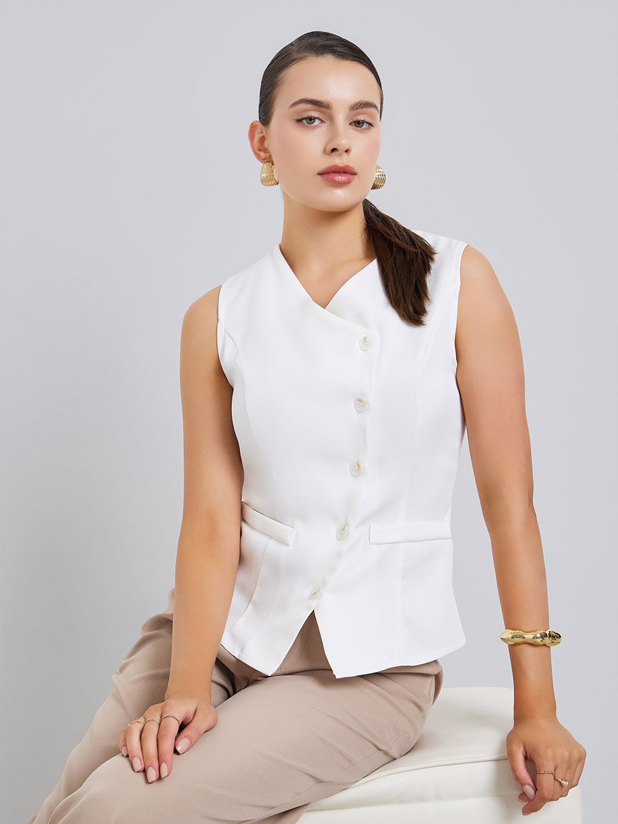 Women White Sleeveless Waistcoat