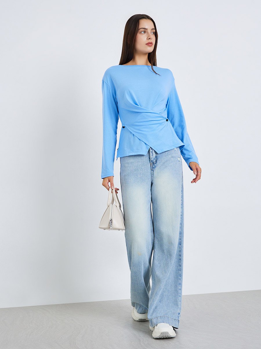 Women Blue Long Sleeve Wrap Top