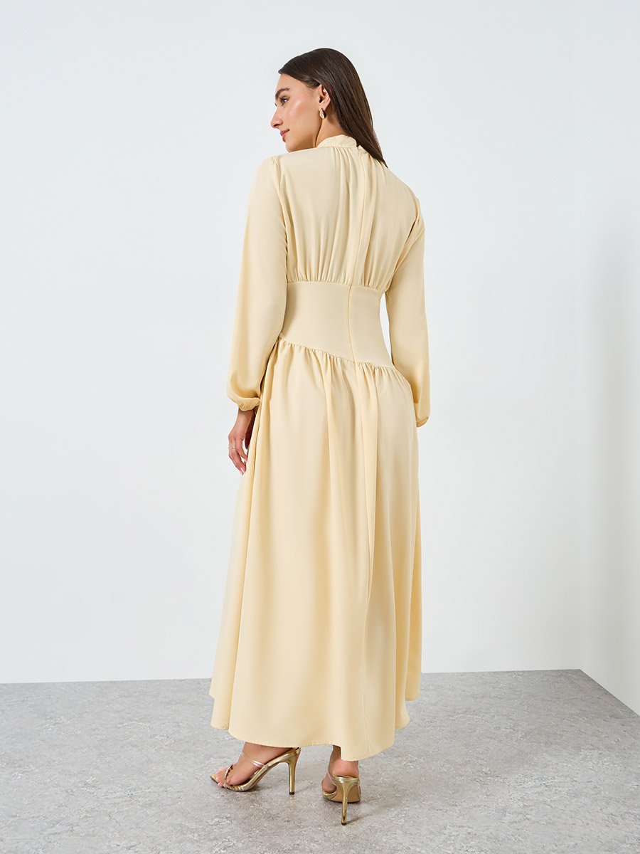 Women Beige Long Sleeves A-Line Midi Dress For Women at Kuwait | Styli