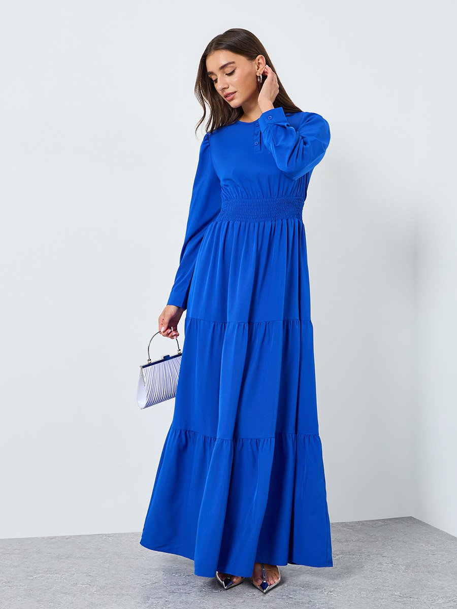 Women Blue Long Sleeves A-Line Midi Dress For Women at UAE | Styli