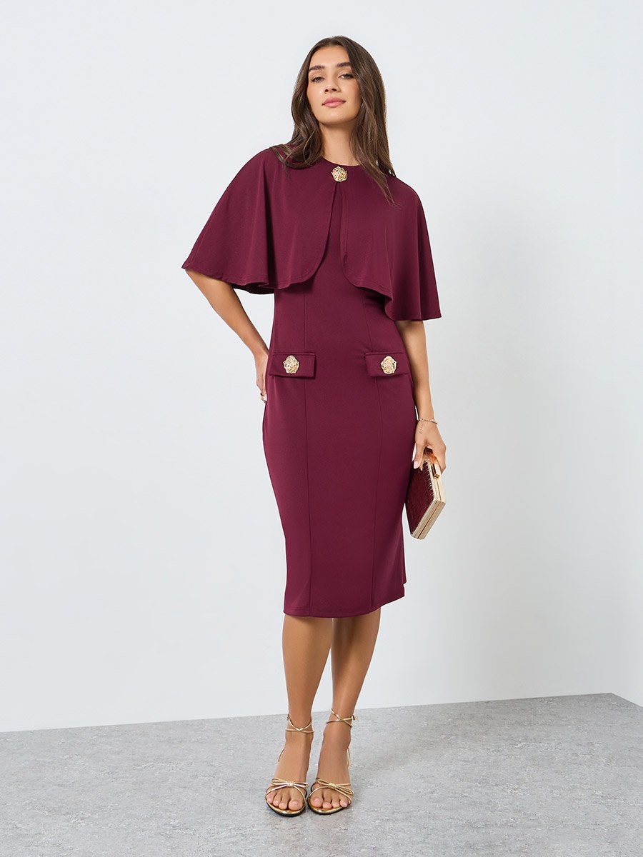 knee length dresses for ladies Black Cape Sleeve Bodycon Midi Dress main image 1