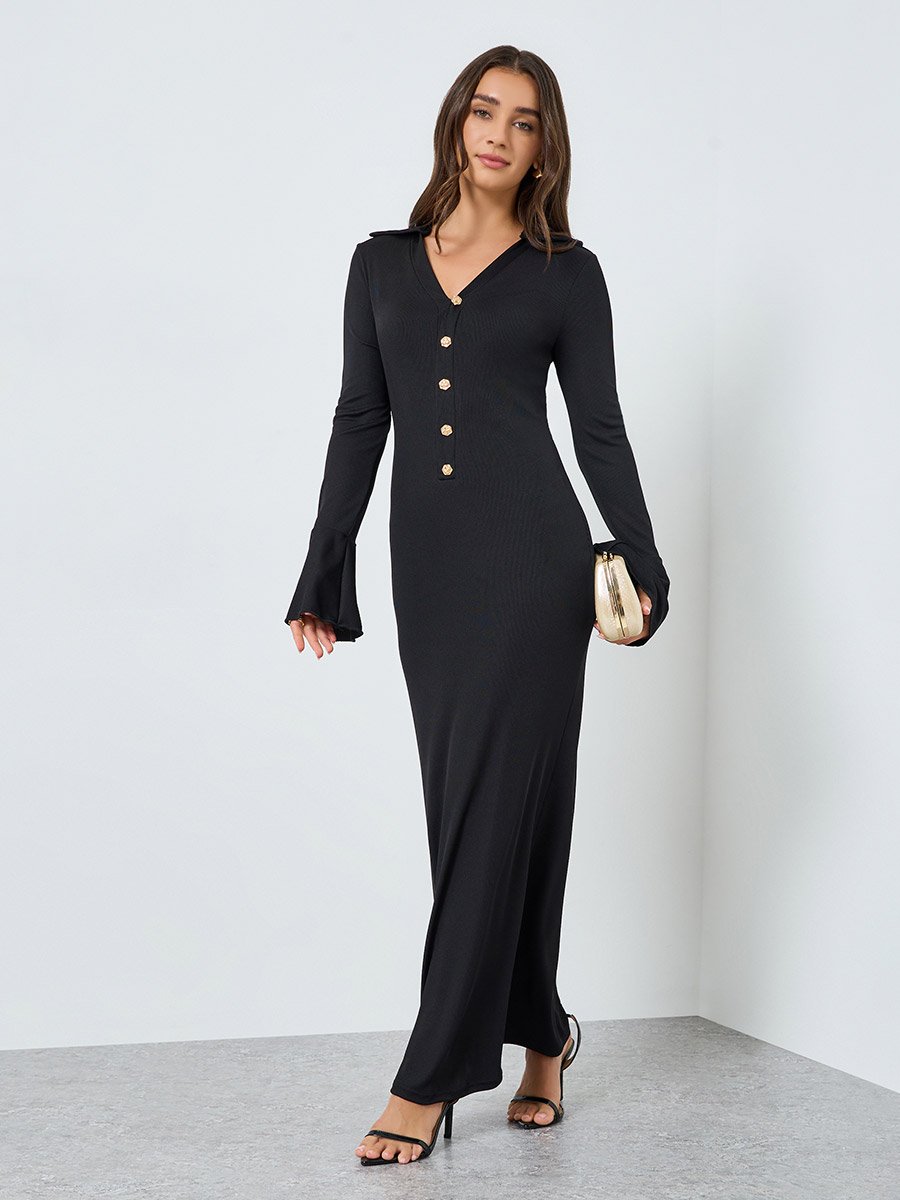 Women Black Textured Bodycon Maxi Dress