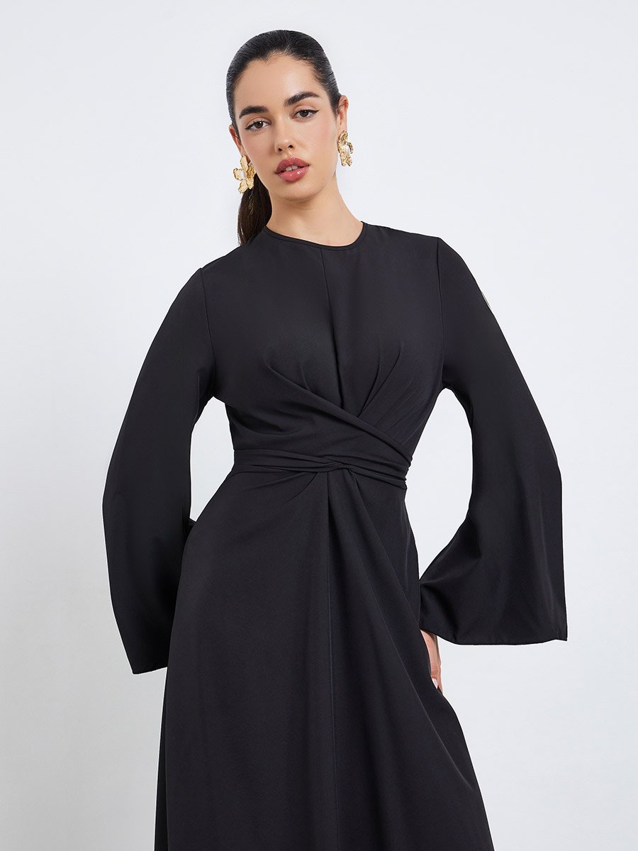 Women Black A-Line Wrap Midi Dress