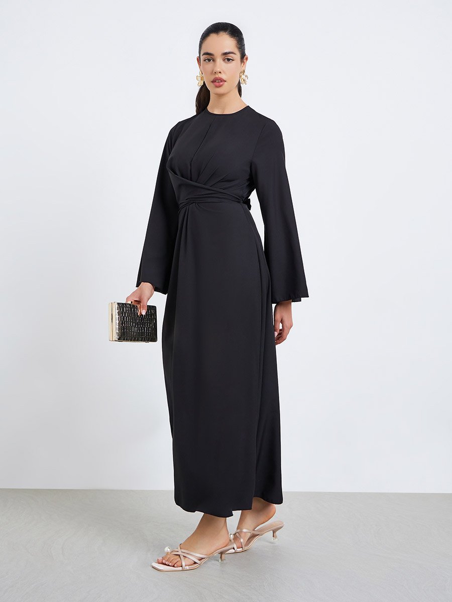 Women Black A-Line Wrap Midi Dress