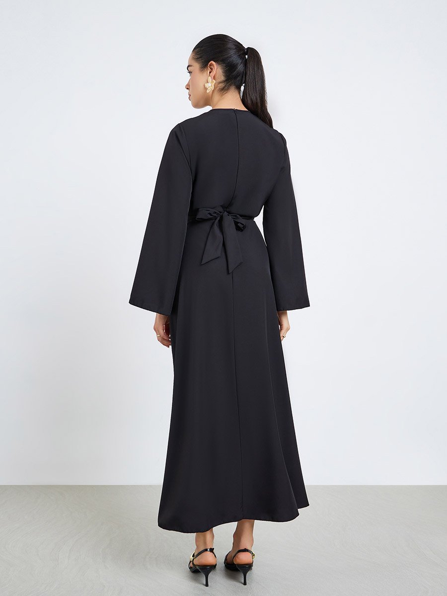 Women Black A-Line Wrap Midi Dress