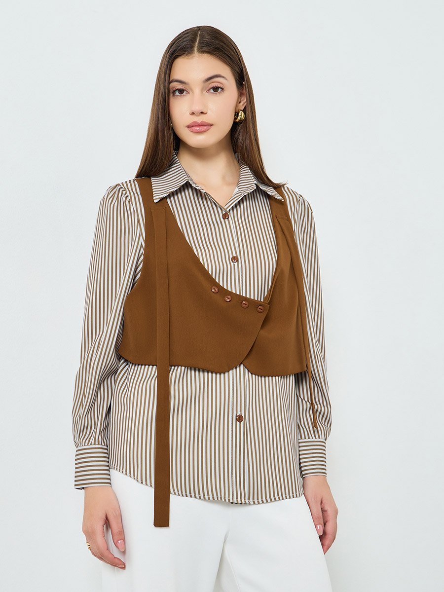 Women Brown Striped Long Sleeve Shirt