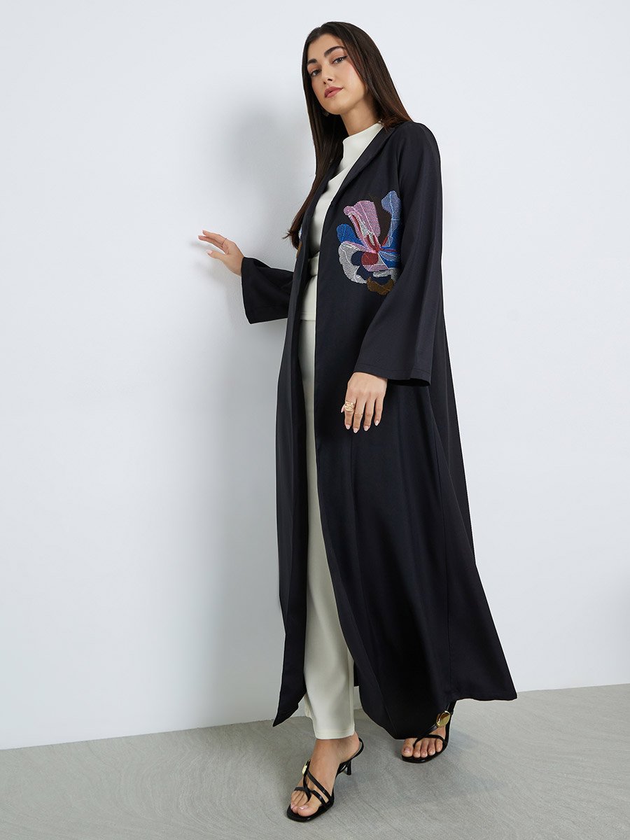 Women Black Floral Embroidered Abaya