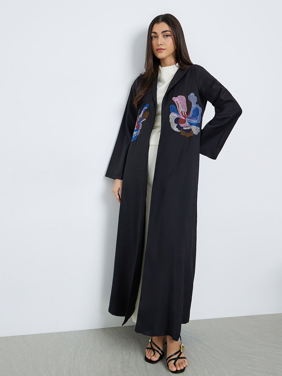 Women Black Floral Embroidered Abaya