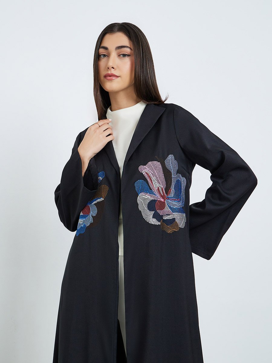 Women Black Floral Embroidered Abaya