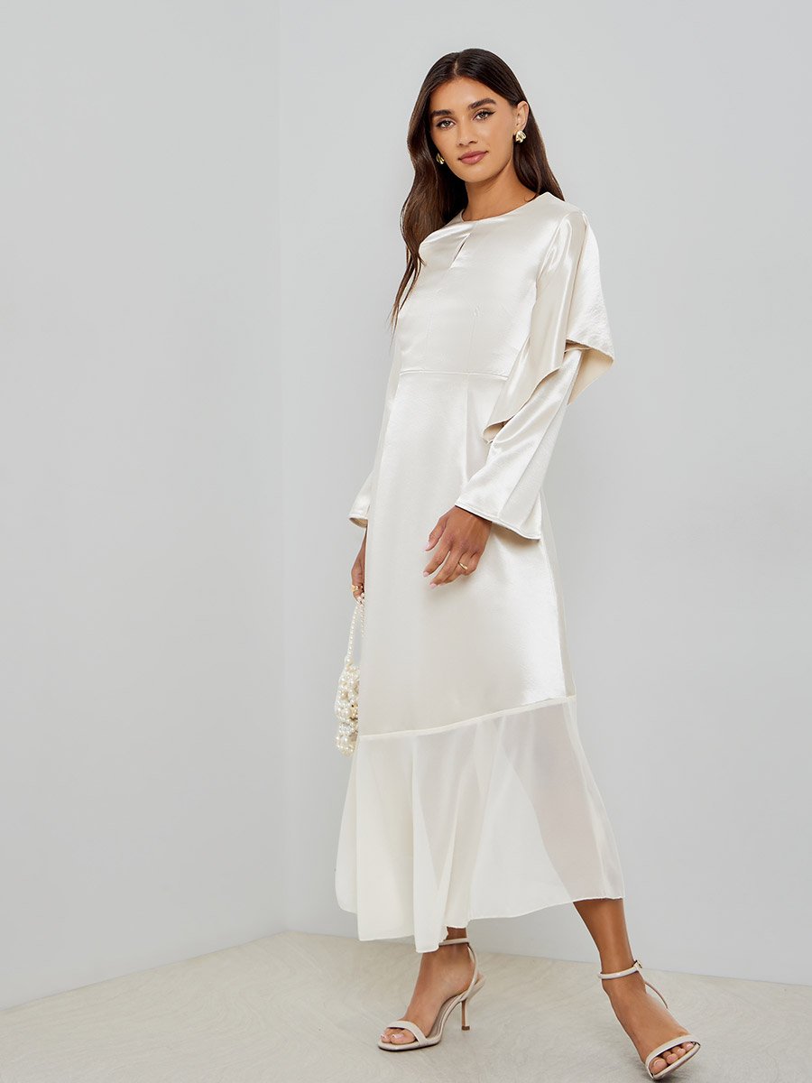 Women Cream Satin Maxi Dress with Long Sleeves For Women at Bahrain | Styli Women Cream Satin Maxi Dress with Long Sleeves For Women at Bahrain | Styli