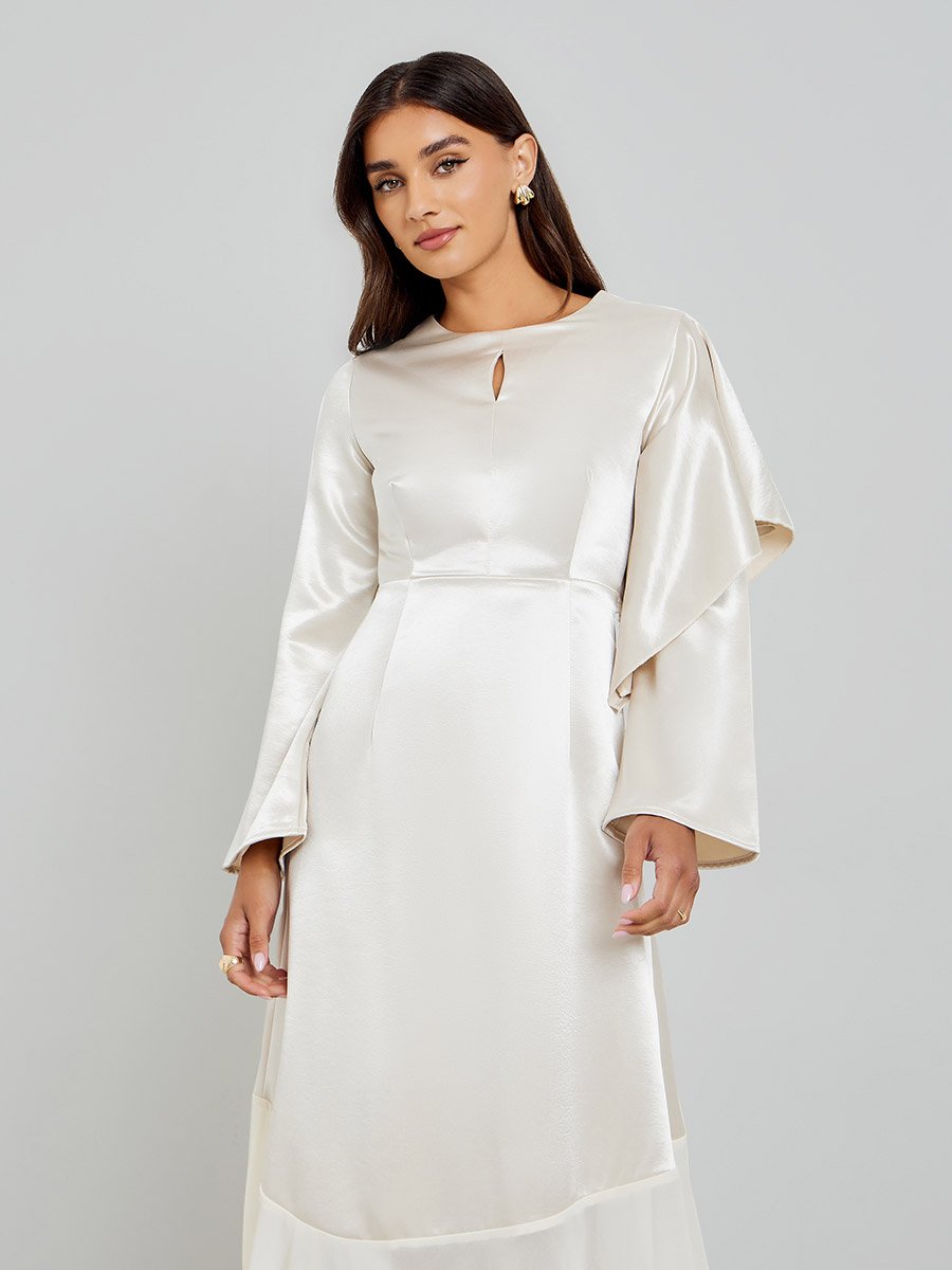 cream satin dress long sleeve Iris Long Sleeve Satin Maxi Dress / Blush Gold | MESHKI