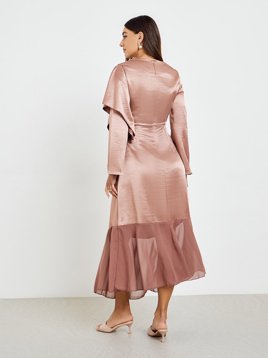 Women Pink Satin Maxi Dress with Long Sleeves