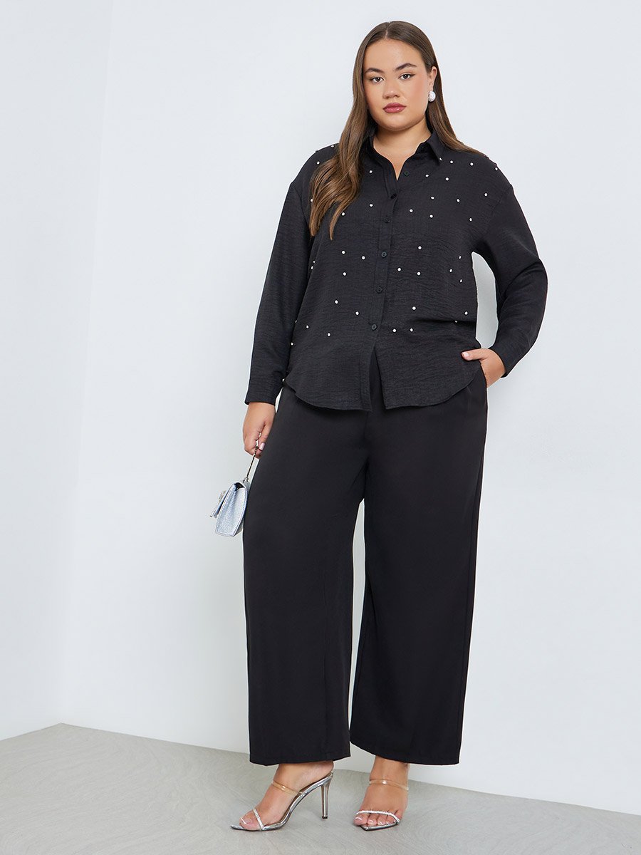 Plus Size Black Embellished Long Sleeve Shirt