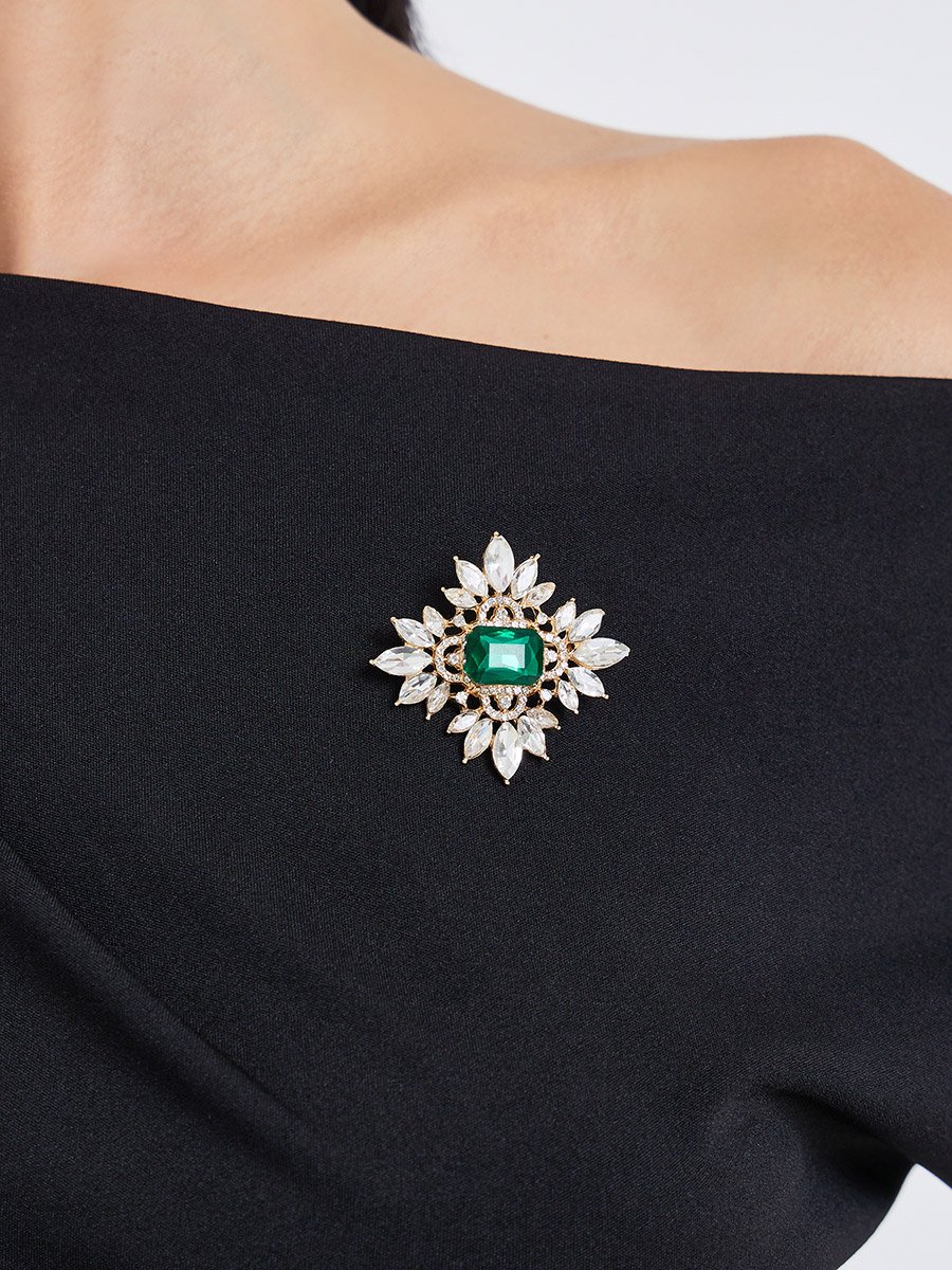 Gold-Tone Emerald and Crystal Brooch