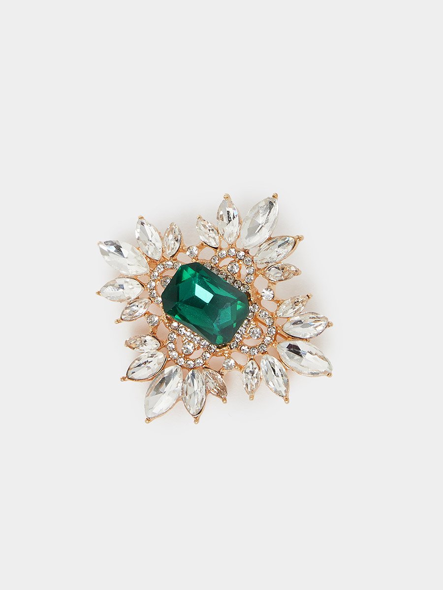 Gold-Tone Emerald and Crystal Brooch