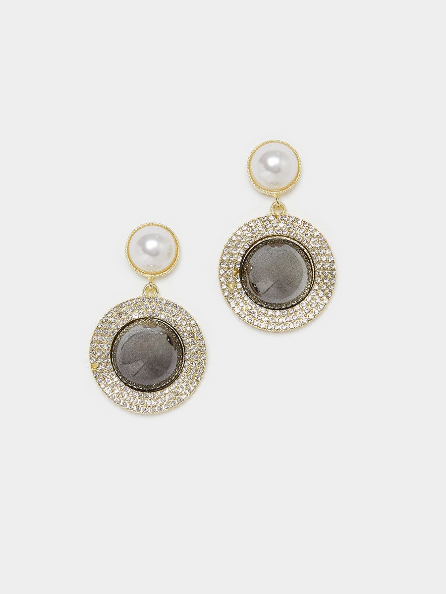 Gold Tone Pearl and Crystal Dangle Earrings