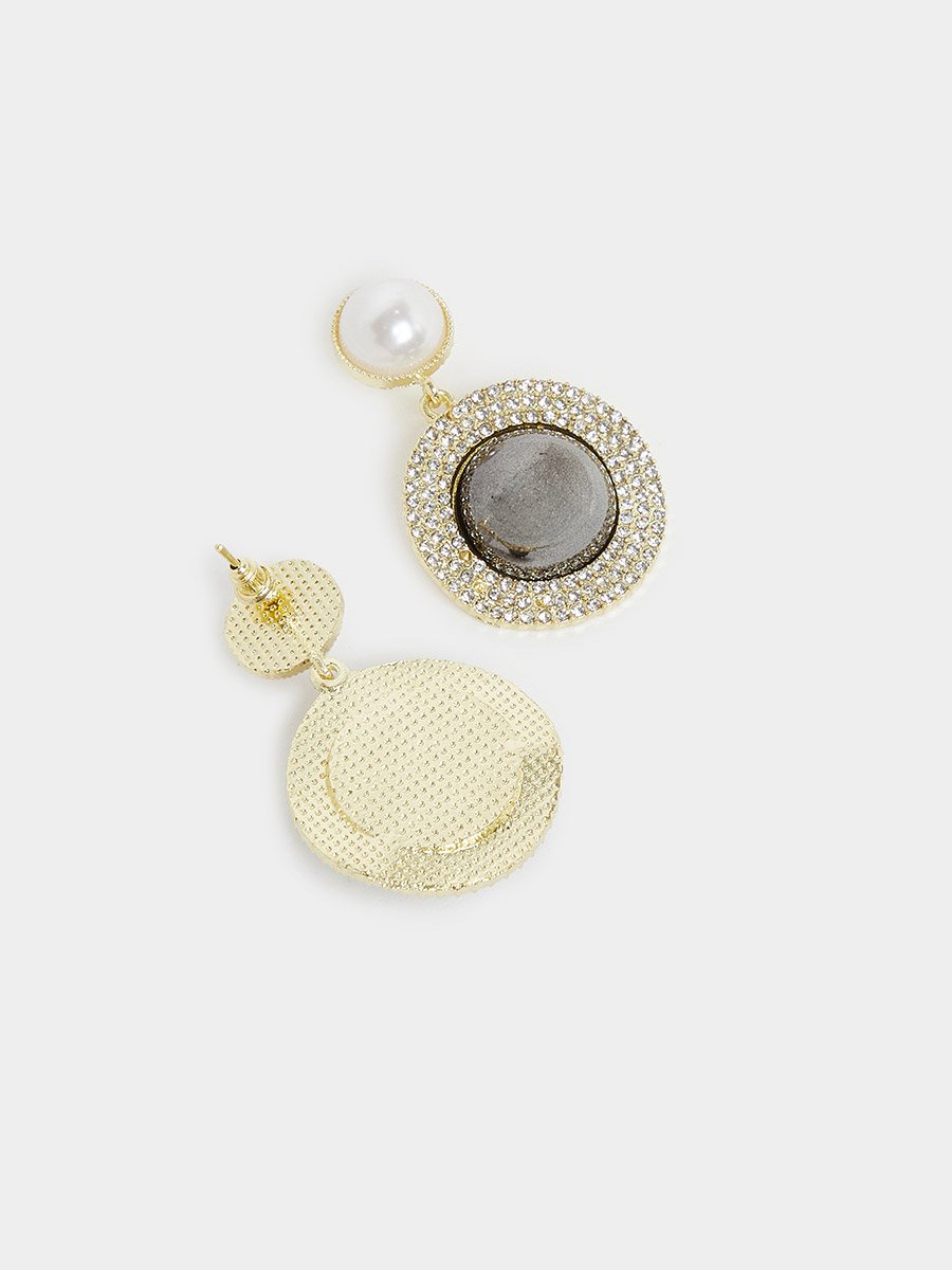 Gold Tone Pearl and Crystal Dangle Earrings
