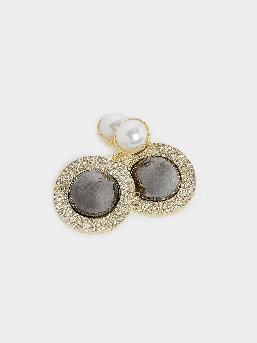 Gold Tone Pearl and Crystal Dangle Earrings